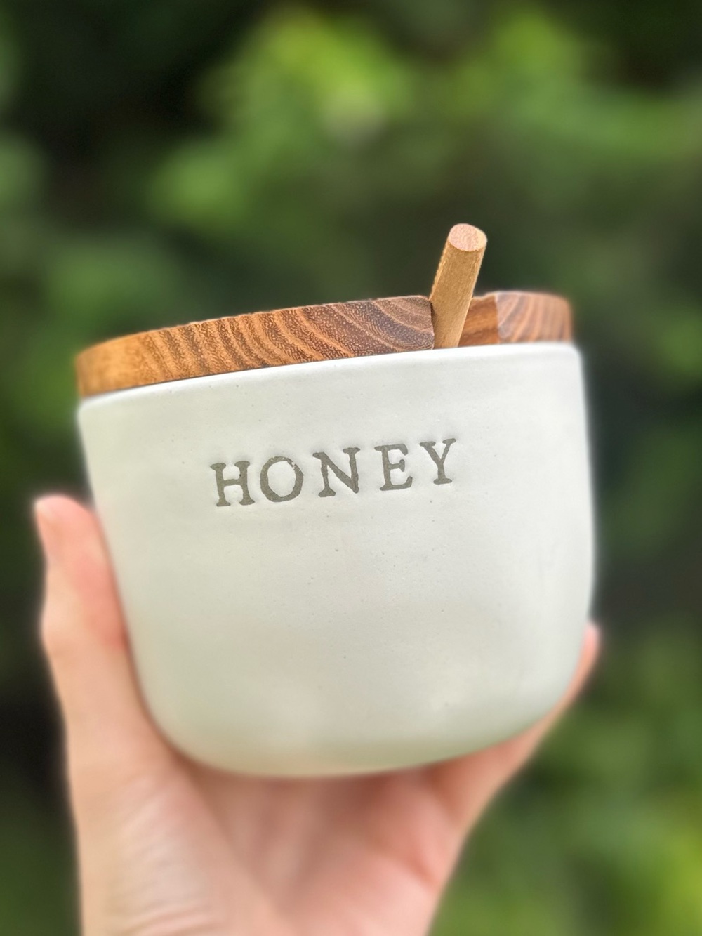 Hearth & Hand w/ Magnolia Acacia Wood Stoneware Honey Pot Jar Farmhouse Minimal